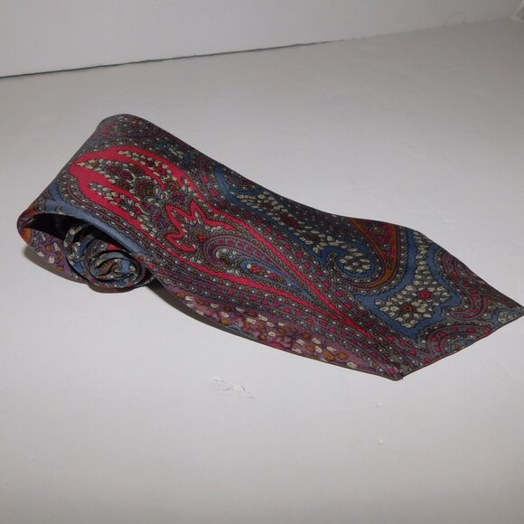 Geoffrey Beene Red Blue Purple Paisley Silk Neck Tie - Picture 8 of 10